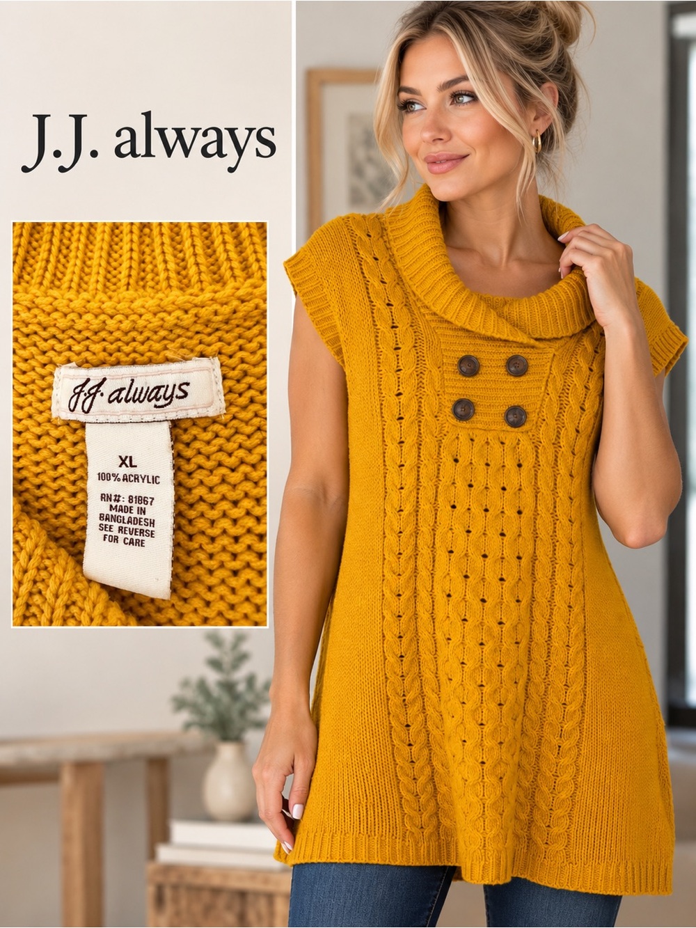 Always Mustard Cable-Knit Cowl Neck Sleeveless Sweater
